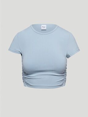 TNA Side-Ruched Cropped Tee light blue green Medium